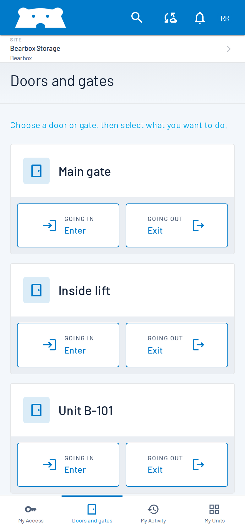 Real Bearbox customer Doors and gates screen, with entry and exit controls for the main gate, lift and unit
