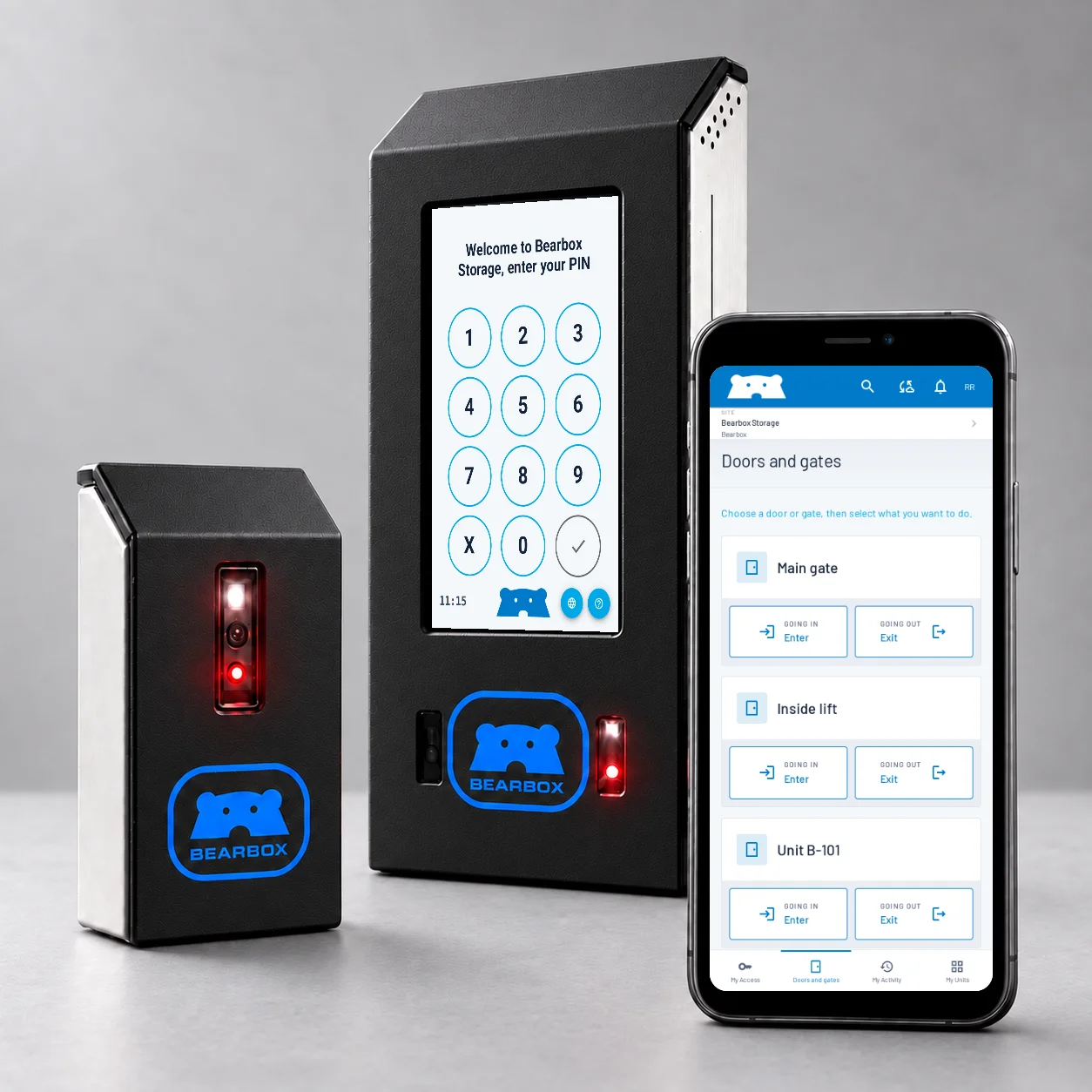 Bearbox touchscreen keypad and QR Solo with phone access, shown together with real keypad and My Access screens