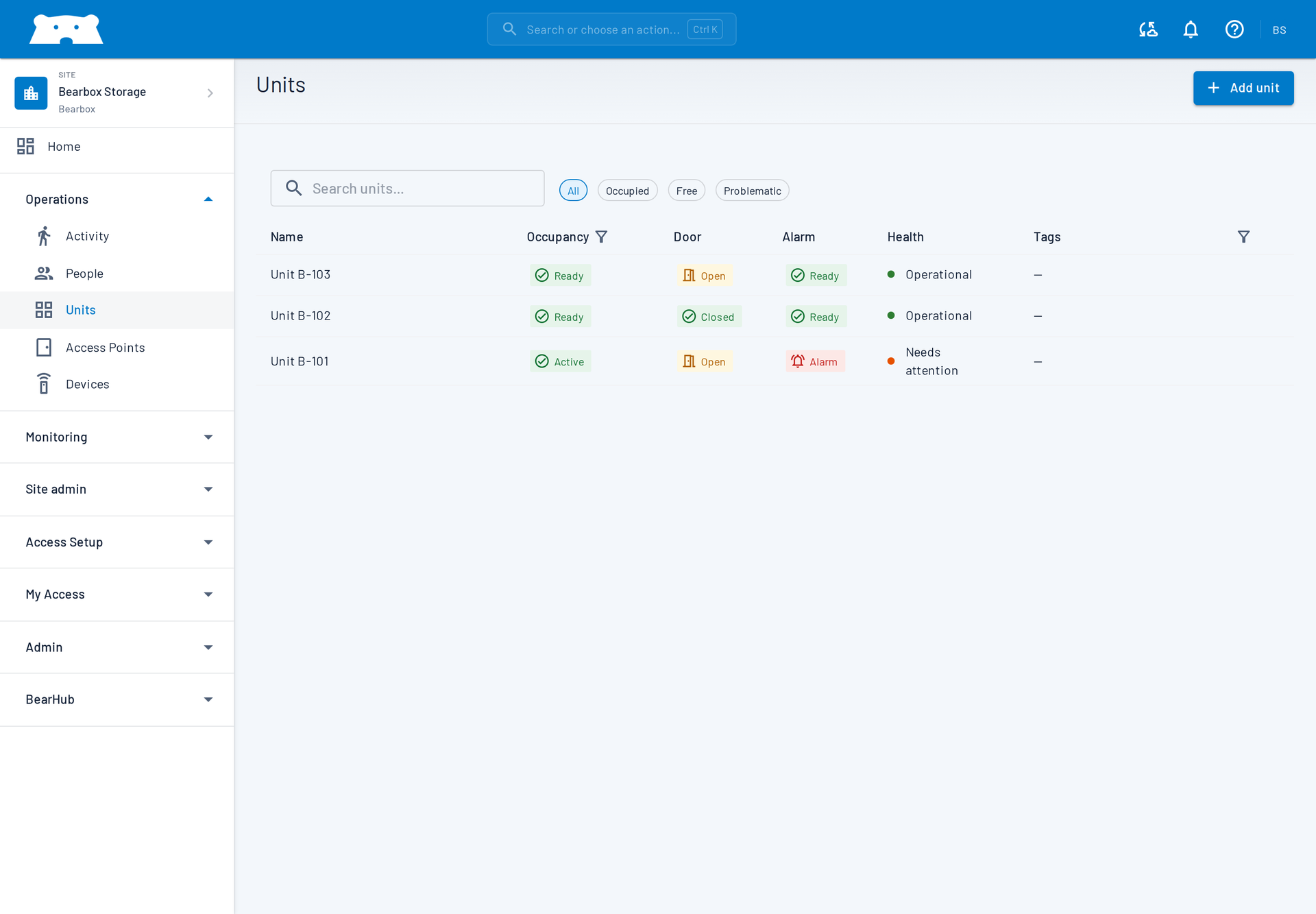 Real Bearbox Portal unit monitoring with example alarm and door states